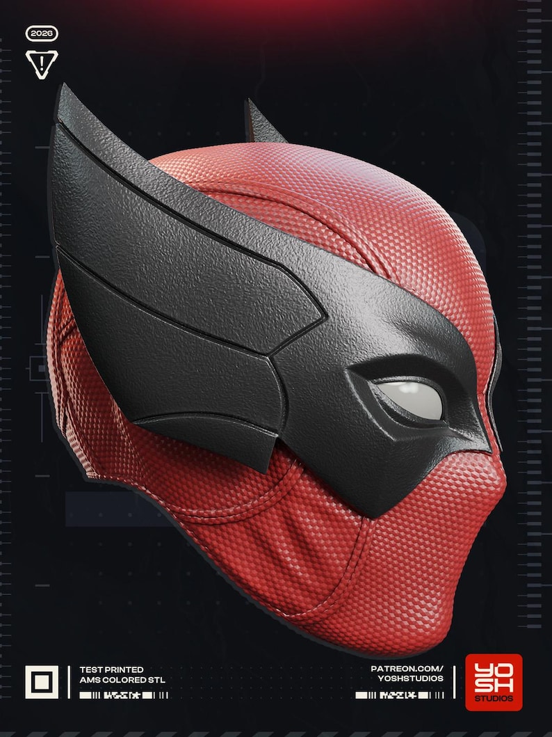 May include: A red and black superhero mask with a textured surface. The mask features a black eye covering and wing-like accents. The image includes the text "2020" and "YOSH STUDIOS".