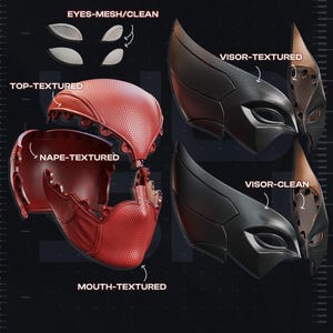 May include: A guide for a mask with various components, including a red textured top and mouth, and black visors. The image shows labeled sections like "Eyes-Mesh/Clean" and "Visor-Textured" against a dark background. The text "2020" and "Guide" are also visible.