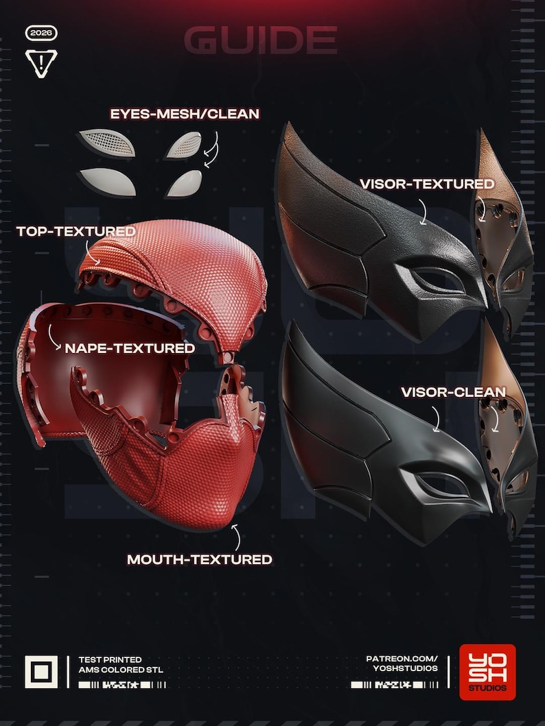 May include: A guide for a mask with various components, including a red textured top and mouth, and black visors. The image shows labeled sections like "Eyes-Mesh/Clean" and "Visor-Textured" against a dark background. The text "2020" and "Guide" are also visible.