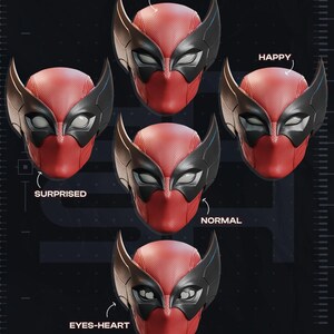 May include: A graphic showcasing five red and black masks, each depicting a different facial expression: angry, happy, surprised, normal, and eyes-heart. The word "EXPRESSIONS" is at the top, with text at the bottom indicating the product is test printed.