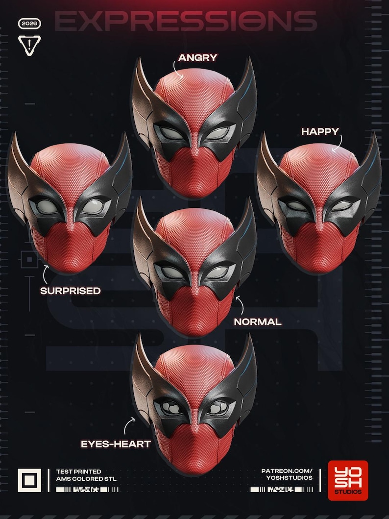 May include: A graphic showcasing five red and black masks, each depicting a different facial expression: angry, happy, surprised, normal, and eyes-heart. The word "EXPRESSIONS" is at the top, with text at the bottom indicating the product is test printed.