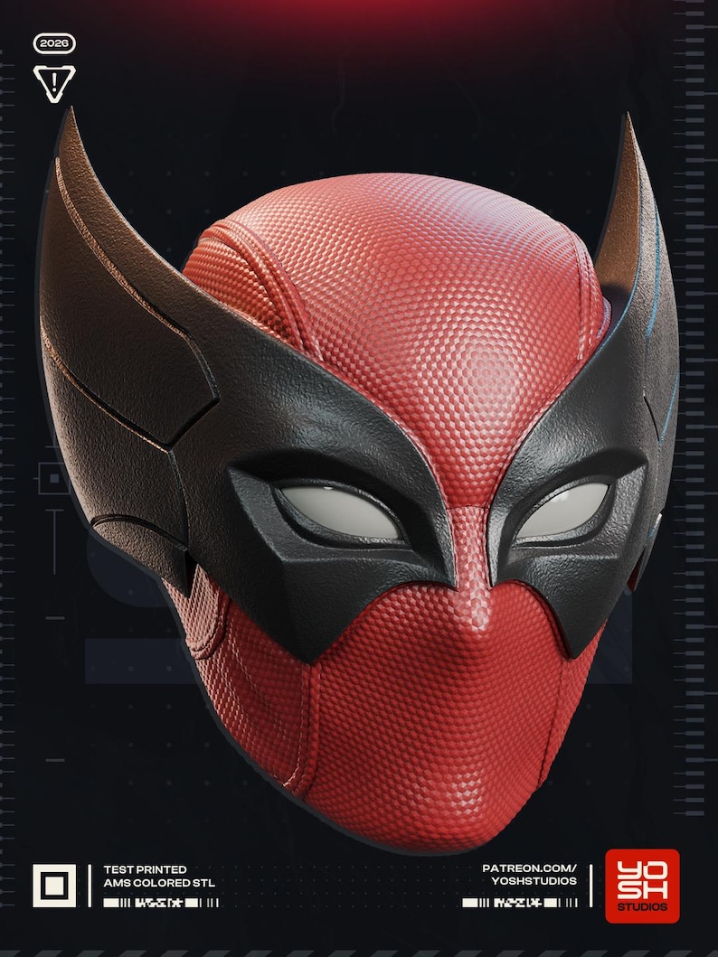 May include: A red and black mask with a textured surface, featuring pointed ear-like extensions. The mask has white eye openings and is labeled "TEST PRINTED AMS COLORED STL" and "PATREON.COM/YOSHSTUDIOS".