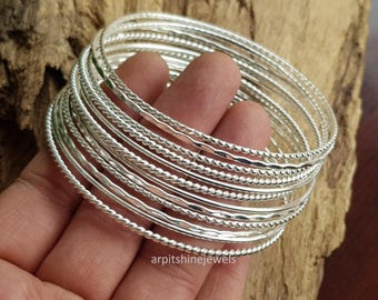 Handcrafted Sterling Silver Bangle Set: Vintage Boho Ethnic Stackable Bangles (Set of 12)