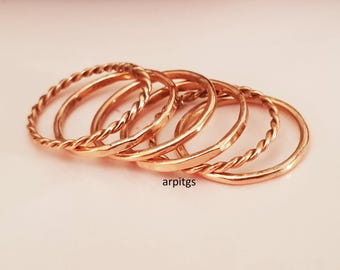 Handcrafted Copper Stackable Ring Set: Minimalist Textured & Rope Thin Bands