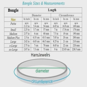 May include: A chart detailing bangle sizes and measurements, including diameter and circumference in inches, centimeters, and millimeters. Sizes range from Petite to xx-Large. The text "HansJewelrs" is at the bottom.