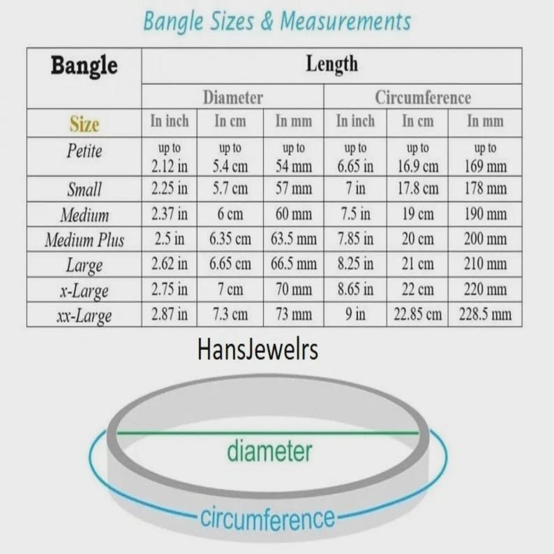 May include: A chart detailing bangle sizes and measurements, including diameter and circumference in inches, centimeters, and millimeters. Sizes range from Petite to xx-Large. The text "HansJewelrs" is at the bottom.