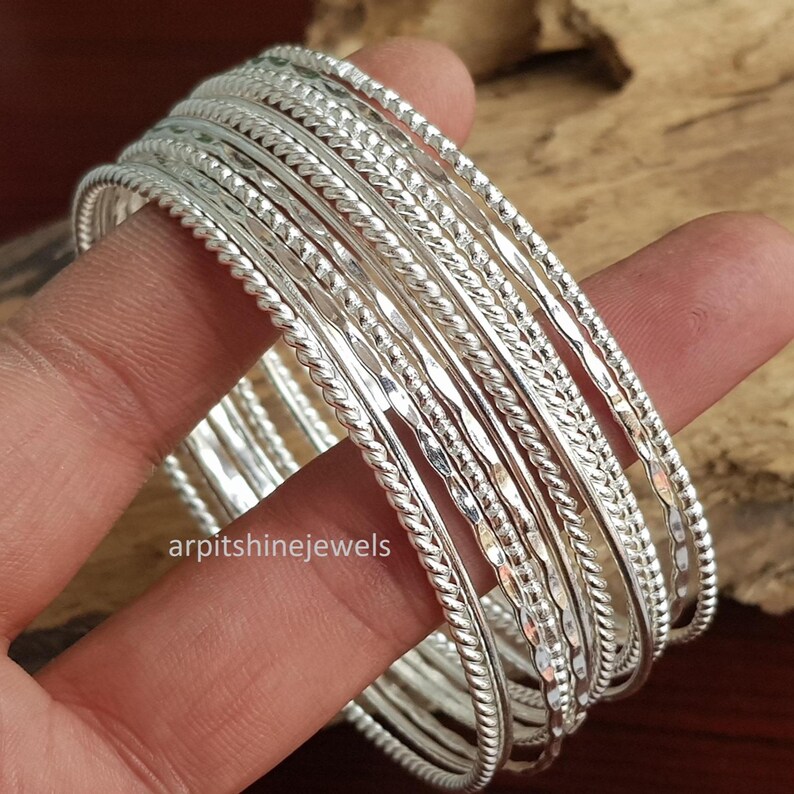 Handcrafted Sterling Silver Bangle Set: Vintage Boho Ethnic Stackable Bangles (Set of 12) image 2
