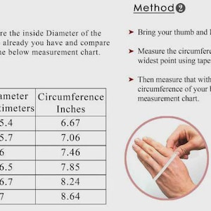 May include: Diagram showing two methods for measuring bangle size. Method 1 uses the inside diameter in inches and centimeters, while Method 2 uses hand circumference. A chart provides size conversions, including diameters from 2.125 inches (5.4 cm) to 2.75 inches (7 cm).