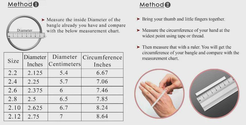 May include: Diagram showing two methods for measuring bangle size. Method 1 uses the inside diameter in inches and centimeters, while Method 2 uses hand circumference. A chart provides size conversions, including diameters from 2.125 inches (5.4 cm) to 2.75 inches (7 cm).