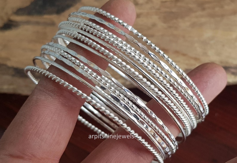 Handcrafted Sterling Silver Bangle Set: Vintage Boho Ethnic Stackable Bangles (Set of 12) image 5