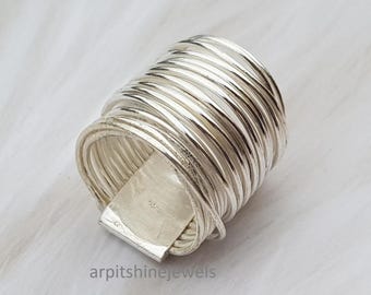 Handmade Sterling Silver Woven Lines Statement Ring, Chunky Modern Band