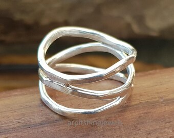 Handmade Sterling Silver Wide Ring: Criss Cross X Style Crossover Jewelry
