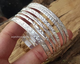 Handcrafted Sterling Silver Bangle Set: Vintage Boho Ethnic Stackable Bangles (Set of 6)