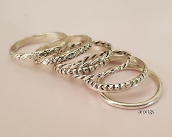 Handcrafted Sterling Silver Stacking Ring Set of 8, Handmade Stackable Patterns Bands Thin