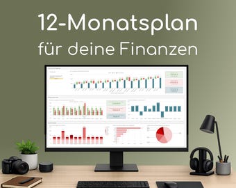 12-month financial plan Google Sheets template, income & expense tracker with automatic analysis, reusable and without subscription fees!