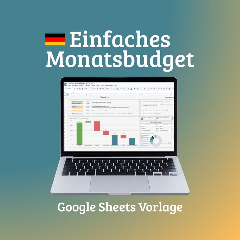 Überschrift: Einfaches Monatsbudget. Darunter ein Bild eines Laptops mit einem Dashboard auf dem Display.