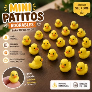 May include: A collection of small, yellow duck figurines with orange beaks. The text "MINI PATITOS ADORABLES" is displayed at the top. Additional text includes "Ideal for 3D printing" and "Perfect for decorating and gifting."