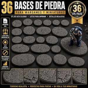 Puede incluir: Un conjunto de 36 bases de piedra para wargames y miniaturas, con una textura de piedra realista. Las bases tienen varias formas y tamaños. La imagen incluye el texto "36 STL FILES" y "STL ARCHIVOS STL".