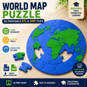 Geography Puzzle STL & 3MF, World Map Jigsaw Puzzle for 3D Printing, Educational Geography Model, Instant Download