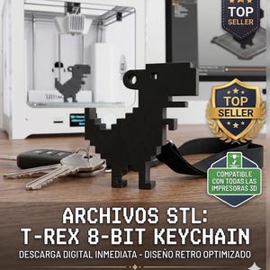 Puede incluir: Un llavero T-Rex de 8 bits negro con un cordón, llaves y una impresora 3D en el fondo. La imagen incluye el texto "ARCHIVOS STL: T-REX 8-BIT KEYCHAIN" y "COMPATIBLE CON TODAS LAS IMPRESORAS 3D".