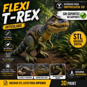 Puede incluir: Un juguete de dinosaurio Flexi T-Rex articulado, impreso en 3D. El juguete es verde, amarillo y marrón, con detalles y articulación suave. La imagen incluye texto que dice "Flexi T-Rex", "Articulado" y "3D Print".
