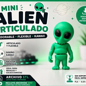 Puede incluir: Una figura de alienígena articulada verde con grandes ojos negros. La figura está etiquetada como "MINI ALIEN ARTICULADO" con las palabras "ADORABLE, FLEXIBLE, KAWAII". La imagen también incluye texto en español, como "FÁCIL DE IMPRIMIR" y "ARCHIVO STL".
