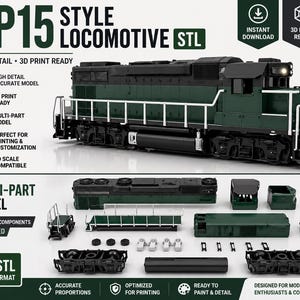 GP15 lok digital STL-fil, 3D-dieseltågsmodell, skalenlig modelljärnväg, utskrivbart lok, digital nedladdning