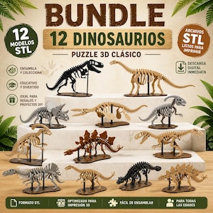 Puede incluir: Una colección de 12 modelos de esqueletos de dinosaurios en varios colores, incluyendo negro, gris y beige. Los modelos son rompecabezas 3D, con el texto "BUNDLE 12 DINOSAURIOS PUZZLE 3D CLÁSICO" en la parte superior. La imagen también incluye texto como "STL".
