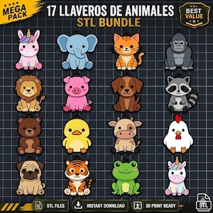 Puede incluir: Un conjunto de 17 llaveros con temática de animales en varios colores. Los llaveros incluyen un unicornio, un elefante, un gato, un gorila, un león, un cerdo, un perro, un mapache, un oso, un pato, una vaca, una gallina, un pug, un tigre, una rana y otro unicornio.