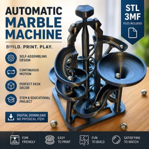 Puede incluir: Una máquina de canicas automática impresa en 3D de color negro con un eje vertical central, pistas en espiral y un embudo. El texto dice AUTOMATIC MARBLE MACHINE, BUILD. PRINT. PLAY., STL 3MF FILES INCLUDED, DIGITAL DOWNLOAD NO PHYSICAL ITEM.