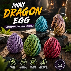 Puede incluir: Una colección de huevos de dragón articulados y coloridos en varios colores, incluyendo azul, morado, verde y rojo. Los huevos se exhiben sobre una superficie de madera con el texto "MINI DRAGON EGG" y otro texto en español.