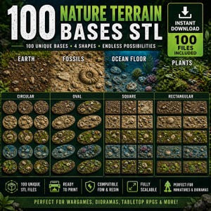 100 STL File Bundle: Nature Terrain Bases STL Bundle, Earth Fossil Ocean Plant Mini Bases, Round Oval Square Rectangular 3D
