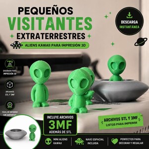 Könnte beinhalten: Grüne, 3D-gedruckte Alien-Figuren mit großen Augen, neben einem grauen Raumschiffmodell. Das Bild enthält Text, der "ALIENS KAWAII PARA IMPRESIÓN 3D" und "ARCHIVOS STL Y 3MF" lautet.