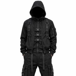 Minimal Black Tactical Outfit, Hooded Cotton Canvas Cosplay Suit for Men