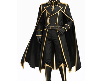 Zwart goud militair jasje heren cosplay, fantasie capejas, koninklijk uniform kostuum met riem