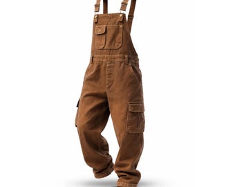Bruine werkoverall, vintage cargotuinbroek, uniseks utility-outfit