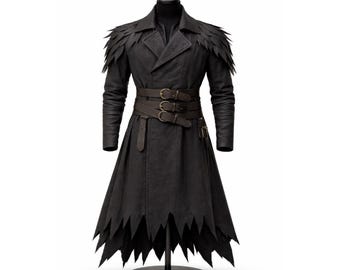 Zwarte gotische jas, donkere fantasie-outfit, middeleeuws cosplayjasje