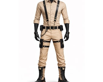 Tactische herenoutfit beige zwart cosplay utility riem gevechtspak