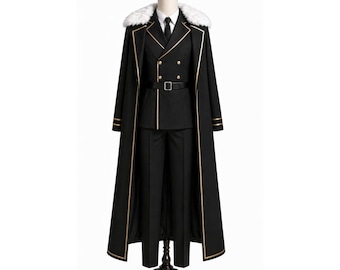 Zwart militair cosplay jasuniform gouden bekleding bontkraag kostuum