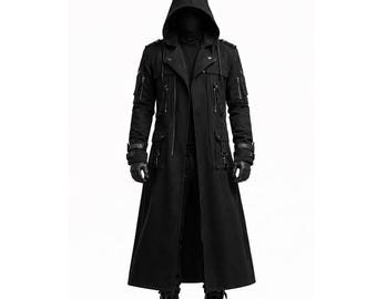 Zwarte trenchcoat met capuchon heren, gotische cyberpunk, tactische lange jas