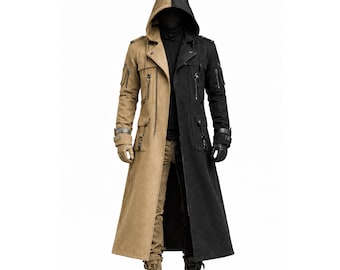 Tweekleurige trenchcoat met capuchon heren, gotische tactische jas Cyberpunk lange jas