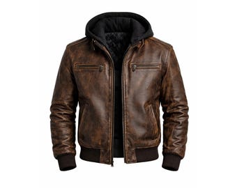 Bruin leren herenjack met capuchon