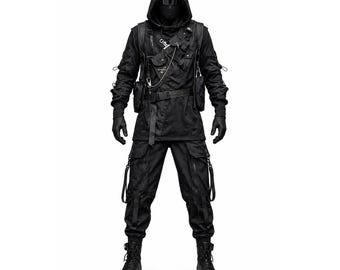 Zwarte tactische outfit met capuchon, Assassin-cosplaykostuum