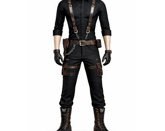 Zwart tactisch kostuum, bruin leren harnasoutfit, cosplaypak heren