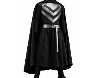 Zwart pantserkostuum, fantasy-ridderoutfit, mantelpak met capuchon