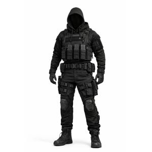 Puede incluir: Toma de cuerpo entero de una persona con uniforme táctico negro. El atuendo incluye una chaqueta con capucha, chaleco táctico con bolsillos, pantalones cargo con rodilleras, guantes y botas de combate. El uniforme está diseñado para uso táctico o militar.