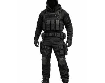 Zwart tactisch gevechtspak | Militaire cosplay-outfit | Gearset vest met capuchon