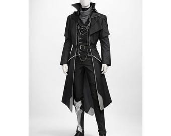 Zwarte moordenaarsjas, gotische cosplay-outfit, stealth-kostuum