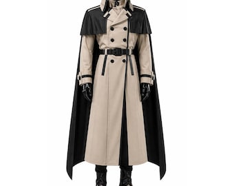 Beige zwarte trenchcoat heren cosplay militaire stijl lange cape outfit
