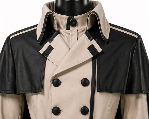 Beige Black Trench Coat Men Cosplay Military Style Long Cape